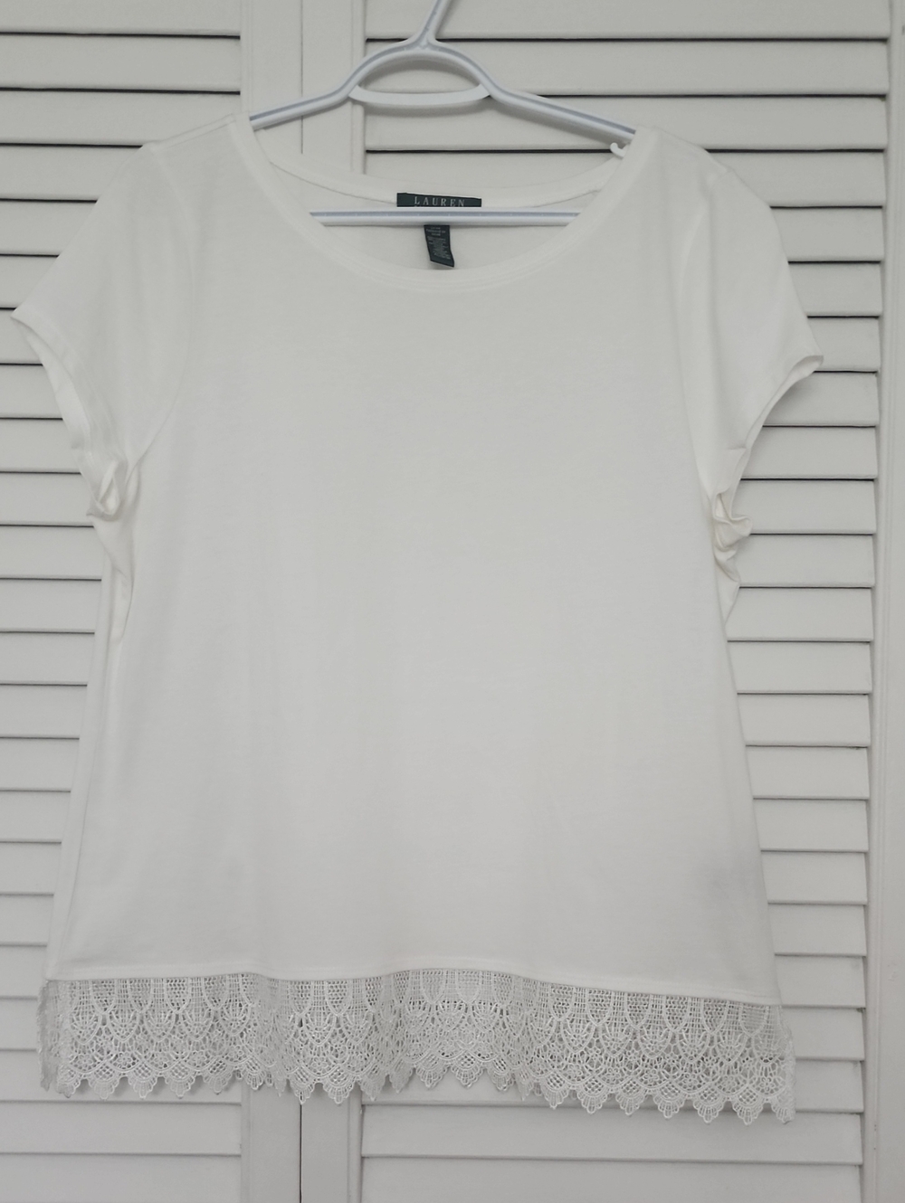 Lauren Ralph Lauren White Short Sleeve Tee with Lace Hem